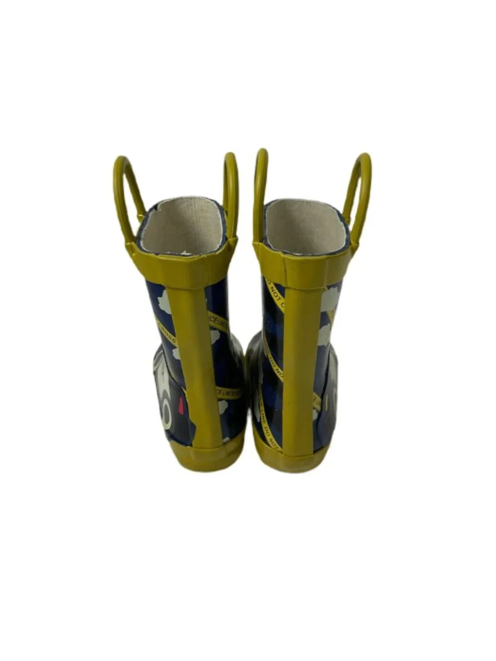 Kids Rain Boots Police Car Pattern Blue/Yellow Pull-On Handles Rubber Size 5